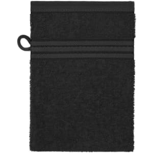 A black flannel towel with a loop and two textured stripes across the top. It has a plush, soft appearance.