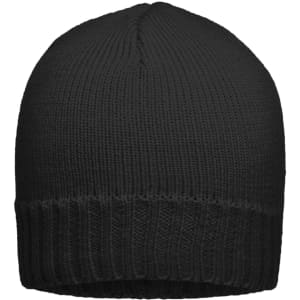 A black ribbed beanie with a fitted design and a soft texture, featuring a logo on the band.