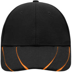 A black 6 panel cap featuring orange grooves on the brim and a logo on the front.