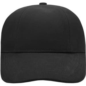 A black 6-panel cap with a laminated finish and a logo on the front.