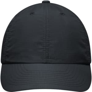 A black six-panel cap made from Coolmax fabric, featuring ventilation holes and a logo.
