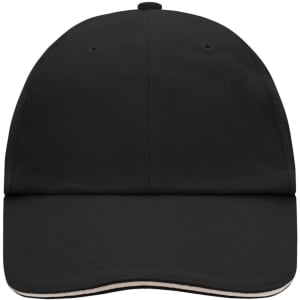 A black six-panel cap with a contrasting trim and a logo on the front.