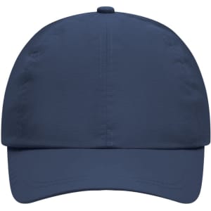 A navy 6-panel cap with a curved brim and a ventilation hole on top, featuring a logo on the front.