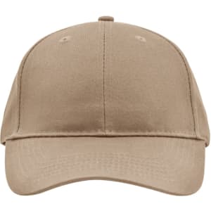 A beige brushed 6 panel cap with a curved brim and eyelet details. Features a logo on the front.