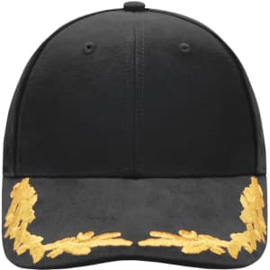 A black 6 panel cap featuring gold embroidery along the front. It has a logo on the side.