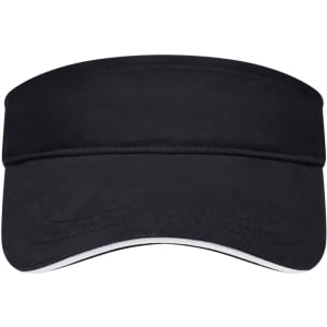 A black sun visor with a curved brim and a contrasting white underside, featuring a logo on the front.