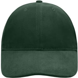 A dark green six-panel cap with a curved brim and a top button, featuring a logo on the front.