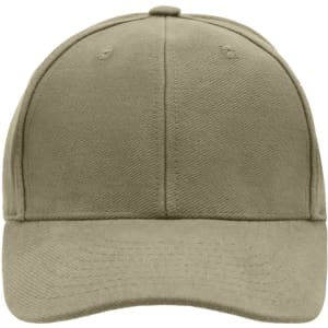 A khaki 6-panel cap with a smooth fabric texture and a curved brim, featuring a logo on the front.