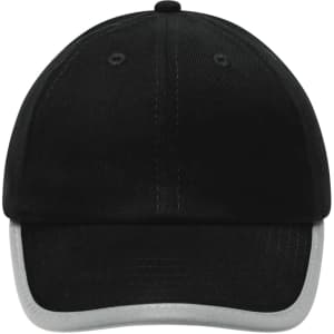 A black cap with a grey brim and an adjustable back, featuring a logo on the front.