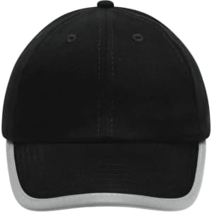 A black cap for kids with a grey brim and a logo on the front.