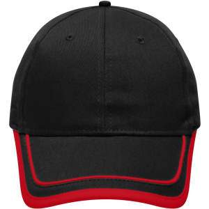 A black cap with red piping along the brim, featuring a logo on the front.