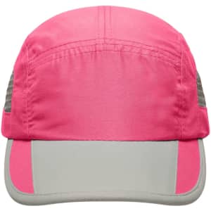 A pink and grey 5 Panel Sportive Cap featuring mesh sides and a curved peak, with a logo present.