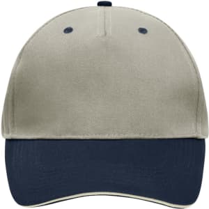 A 5-panel sandwich cap featuring a light tan crown and a navy peak, complete with a logo.