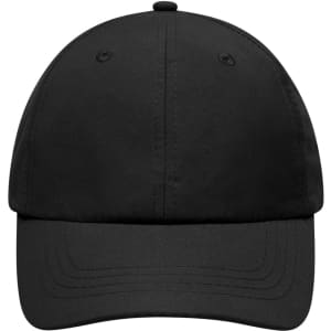 A black cap with a curved brim and a logo on the front, featuring adjustable strap at the back.