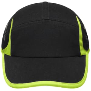 A black running cap with bright yellow accents and a curved brim, featuring a logo on the front.