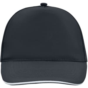 A dark navy 5 Panel Promo Sandwich Cap with a structured design and a contrasting white underside on the visor.