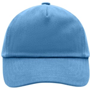 A blue 5 panel cap featuring a curved brim and a logo on the front.