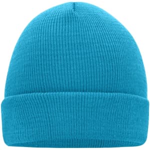 A knitted cap in bright turquoise, featuring a folded brim and a textured pattern, with a logo on the side.