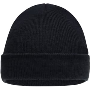 A knitted cap for kids in solid black, featuring a foldable brim. The item has branding on it.