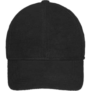 A black fleece cap featuring earflaps and a logo on the front. The cap has a structured, six-panel design.