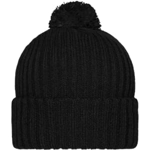 A black knitted cap featuring a pompon on top, with a ribbed design and a folded brim.