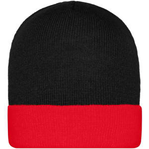 A knitted cap featuring a black top and a red cuff, complete with a logo on the side.