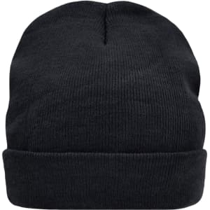 A black knitted cap featuring a fold-up brim and a logo on the side.