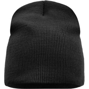 A black knitted beanie with a textured finish, featuring a branded logo.