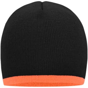 A black beanie featuring a contrasting orange border at the bottom. It has a simple design and a snug fit.