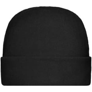 A black microfleece cap with a rolled brim. The item features a logo on the front.