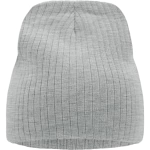 A ribbed beanie in light grey, featuring a soft texture and a simple design. It includes a logo.