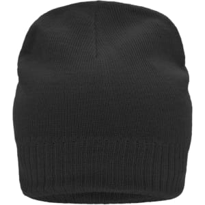 A black knitted beanie featuring a fleece inset, showcasing a ribbed knit design and a snug fit.