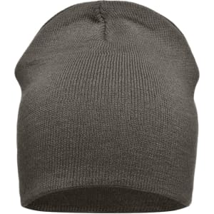 A cotton beanie in a dark grey colour with a simple, knitted design and a logo on the side.