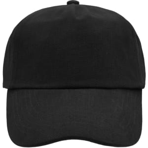 A black 5 panel cap featuring a curved brim and a logo on the front.