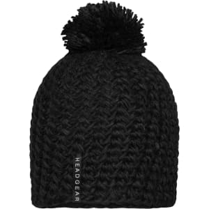 A black crocheted cap with a pompon at the top and a small logo on the side.