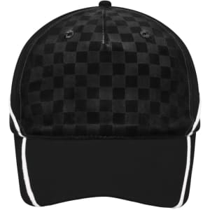 A black 5-panel racing cap with an embossed checkerboard pattern and white accents. It features a logo on the front.