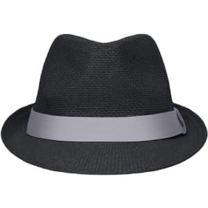 A black fedora hat featuring a grey band, showcasing a classic street style design.