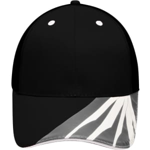 A black 6-panel cap with a transparent visor featuring white graphic designs and a logo.