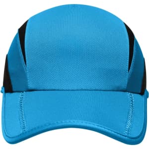 A blue and black three-panel sports cap features a structured design and has a logo on the front.