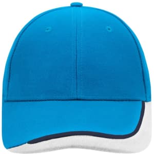A bright blue cap with a white and navy trim, featuring a logo on the front.