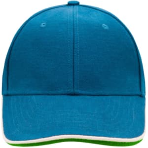 A blue 6 panel double sandwich cap with a green and white trim, featuring a logo on the front.