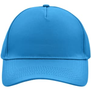 A blue 5 panel cap with a rounded peak and a subtle logo on the front.