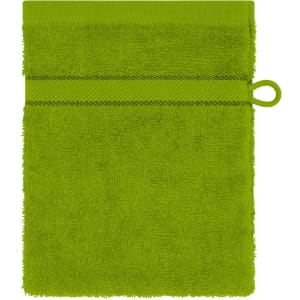 A green flannel towel with a textured surface and a hanging loop. It features a solid colour without any patterns.