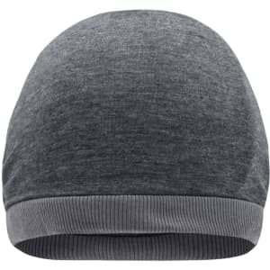 A grey beanie with a ribbed hem and a smooth finish, featuring a logo.