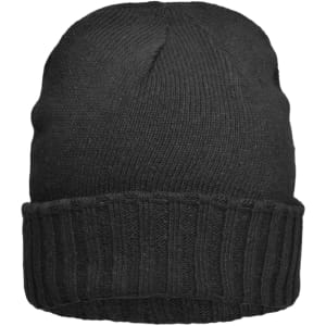 A black knitted beanie hat with a ribbed cuff and a rounded top, featuring a logo.