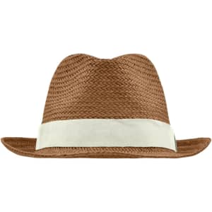 A brown straw hat with a cream band, featuring a logo on the side.