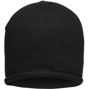 A black roll-up beanie with a textured knit design and a folded brim, featuring a logo.