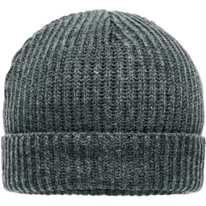 A grey ribbed beanie with a turned-up cuff, featuring a logo on the side.