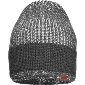 A grey knitted hat featuring a textured design and a small logo tag at the side.