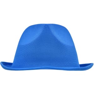 A blue promotional hat with a curved top and wide brim, featuring a logo on the side.